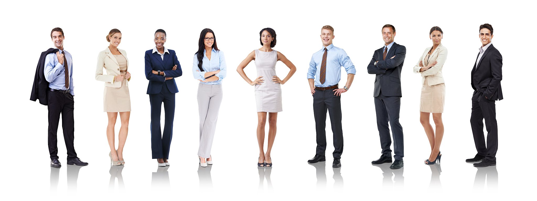 Studio shot of a row of businesspeople in various poses